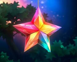 3d Renderização do uma colorida Estrela suspensão a partir de uma árvore generativo ai foto