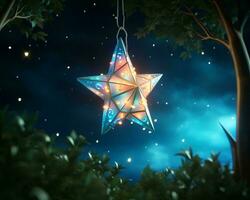 3d Renderização do uma Estrela lanterna suspensão a partir de uma árvore às noite generativo ai foto