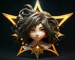 uma 3d ilustração do uma menina com grandes cabelo e uma Estrela em dela cabeça generativo ai foto