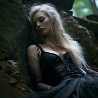 uma lindo Loiras mulher dentro uma Preto vestir deitado em a terra generativo ai foto