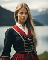 uma lindo Loiras mulher dentro tradicional norueguês roupas generativo ai foto