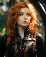 uma lindo vermelho cabelos mulher dentro uma couro equipamento generativo ai foto