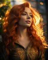 uma lindo vermelho cabelos mulher com grandes encaracolado cabelo generativo ai foto