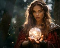 uma lindo mulher segurando uma cristal bola dentro a madeiras generativo ai foto