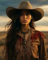 uma lindo mulher dentro uma vaqueiro chapéu em pé dentro a deserto generativo ai foto