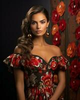uma lindo mulher dentro uma floral vestir e brincos generativo ai foto