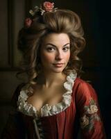 uma lindo mulher dentro uma vermelho vestir com uma flor dentro dela cabelo generativo ai foto