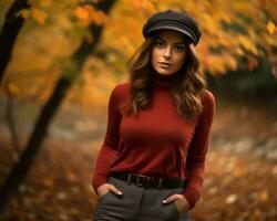 uma lindo mulher dentro uma vermelho suéter e chapéu em pé dentro a outono floresta generativo ai foto