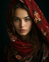 uma lindo mulher dentro uma vermelho xaile em uma Preto fundo generativo ai foto