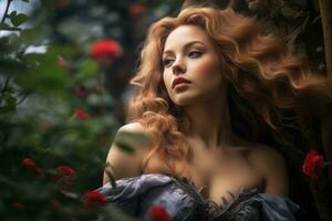 uma lindo mulher com vermelho cabelo dentro uma floresta generativo ai foto