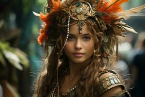 uma lindo jovem mulher dentro uma traje com penas em dela cabeça generativo ai foto