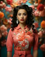 uma lindo jovem mulher dentro uma floral impressão vestir generativo ai foto