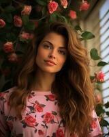 uma lindo jovem mulher dentro uma floral camisa posando dentro frente do rosas generativo ai foto