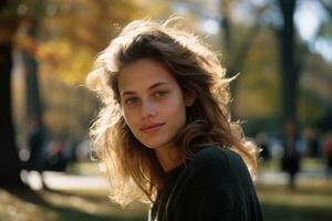 uma lindo jovem mulher dentro uma parque olhando às a Câmera generativo ai foto