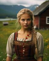 uma lindo jovem mulher dentro uma tradicional norueguês vestir generativo ai foto