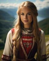 uma lindo jovem mulher dentro uma tradicional norueguês vestir generativo ai foto