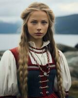 uma lindo jovem mulher dentro uma tradicional norueguês vestir generativo ai foto