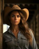 uma lindo jovem mulher vestindo uma vaqueiro chapéu generativo ai foto