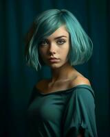 uma lindo jovem mulher com azul cabelo generativo ai foto