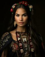 uma lindo jovem mulher com grandes cabelo vestindo uma nativo americano equipamento generativo ai foto