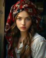 uma lindo jovem mulher com grandes cabelo vestindo uma cabeça cachecol generativo ai foto