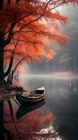 uma barco senta em a água dentro frente do uma nebuloso árvore generativo ai foto