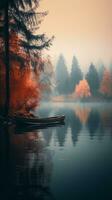 uma barco senta em a água dentro uma nebuloso floresta generativo ai foto