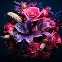 uma ramalhete do Rosa rosas e roxa lírios em uma Sombrio fundo generativo ai foto