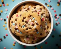 uma tigela cheio do chocolate lasca biscoitos em uma azul fundo generativo ai foto