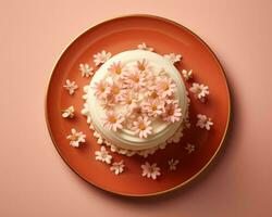 uma bolo com Rosa flores em topo do a laranja prato generativo ai foto