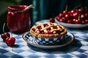 uma cereja torta senta em uma azul e branco xadrez toalha de mesa generativo ai foto