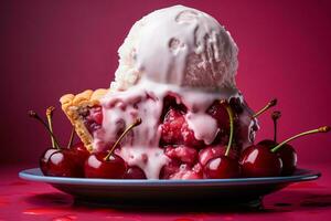 uma cereja torta coberto com gelo creme e cerejas generativo ai foto