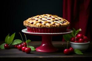 uma cereja torta em uma vermelho bolo ficar de pé com cerejas generativo ai foto