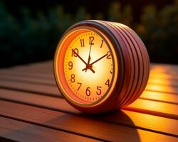 uma relógio sentado em uma de madeira mesa às pôr do sol generativo ai foto