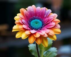 uma colorida gerbera flor com água gotas em isto generativo ai foto