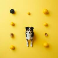 uma cachorro é cercado de bolas em uma amarelo fundo generativo ai foto