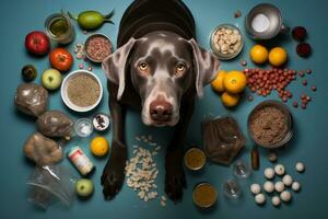 uma cachorro é sentado dentro frente do uma mesa cheio do Comida generativo ai foto