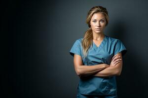 uma fêmea enfermeira dentro esfrega em pé com dela braços cruzado generativo ai foto