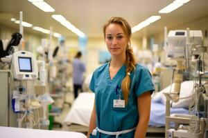 uma fêmea enfermeira em pé dentro uma hospital quarto generativo ai foto