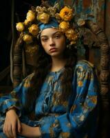 uma menina dentro uma azul vestir com amarelo flores em dela cabeça generativo ai foto