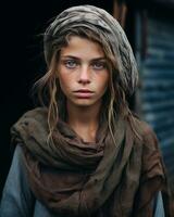 uma menina com azul olhos e uma cachecol em dela cabeça generativo ai foto
