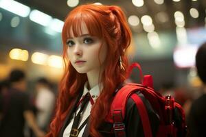 uma menina com vermelho cabelo e uma mochila generativo ai foto