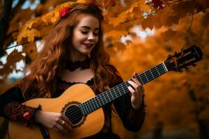 uma menina com vermelho cabelo jogando a acústico guitarra dentro a outono floresta generativo ai foto