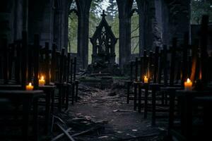 uma gótico Igreja com esvaziar cadeiras e aceso velas generativo ai foto