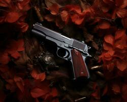 uma arma de fogo deitado em topo do alguns vermelho folhas generativo ai foto