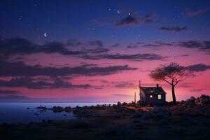 uma casa em a costa às noite com a lua e estrelas dentro a céu generativo ai foto