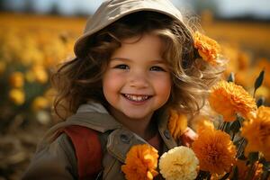 uma pequeno menina dentro uma campo do flores generativo ai foto