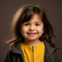 uma pequeno menina dentro uma amarelo camisa sorrisos para a Câmera generativo ai foto