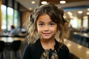 uma pequeno menina é sorridente às a Câmera dentro uma restaurante generativo ai foto