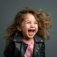 uma pequeno menina rindo dentro uma couro Jaqueta generativo ai foto